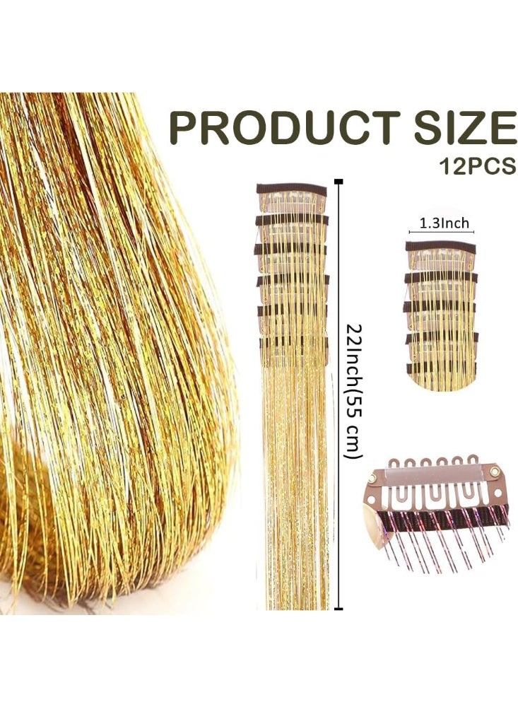 ATRJSZ Hair Tinsel Pack of 12 Pcs Hair Tinsel Clip Kit in 22 Inch Glitter hair Extensions Clip Party Festival Fairy Accessories for Girls Women Kids ﻿ (Golden) - Image 2