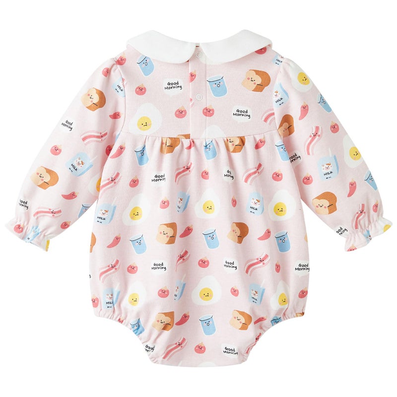 pureborn Baby Girls Bodysuit Peter Pan Collar Bubble Romper Long Sleeve Cotton One-Piece Outfit Bread Milk 3-6 Months - Image 2
