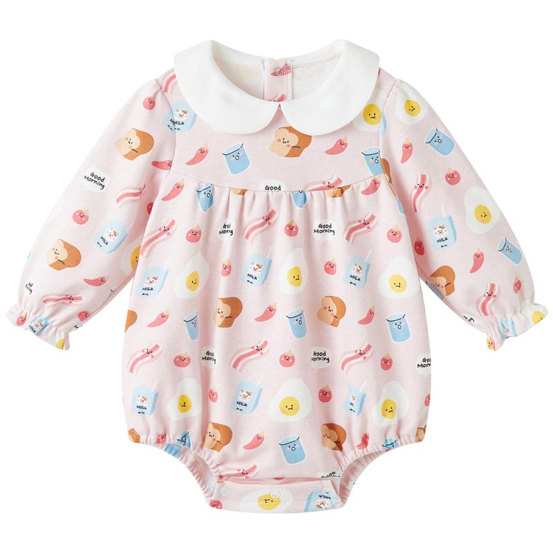 pureborn Baby Girls Bodysuit Peter Pan Collar Bubble Romper Long Sleeve Cotton One-Piece Outfit Bread Milk 3-6 Months - Image 1