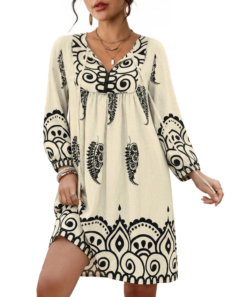 Eddoyee Women Casual Summer Dress, V Neck 3/4 Sleeve Boho Floral Print Flowy Loose Beach Vacation Dress - Image 1