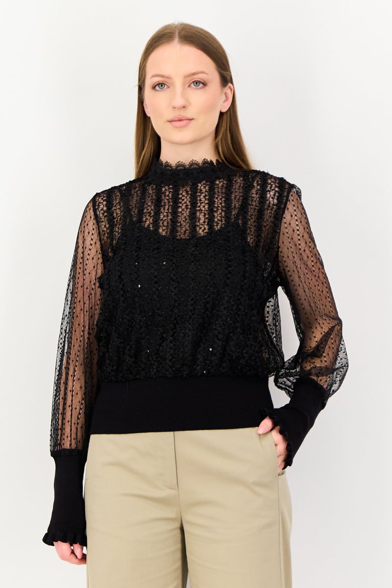 VERO MODA قميص نسائي بأكمام طويلة و ياقة مرتفعة، أسود - Image 1