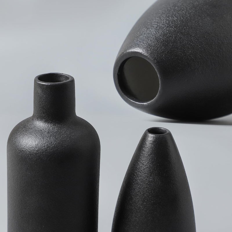 CEMABT مجموعة مزهرية Cemabt Black Ceramic - 4 مزهريات صغيرة للزهور مزهريات زهرة فريدة من نوعها للمزهريات المركزية المزخرفة الحديثة لمدخلات ديكور المنزل رف الكتب (الأسود) - Image 3