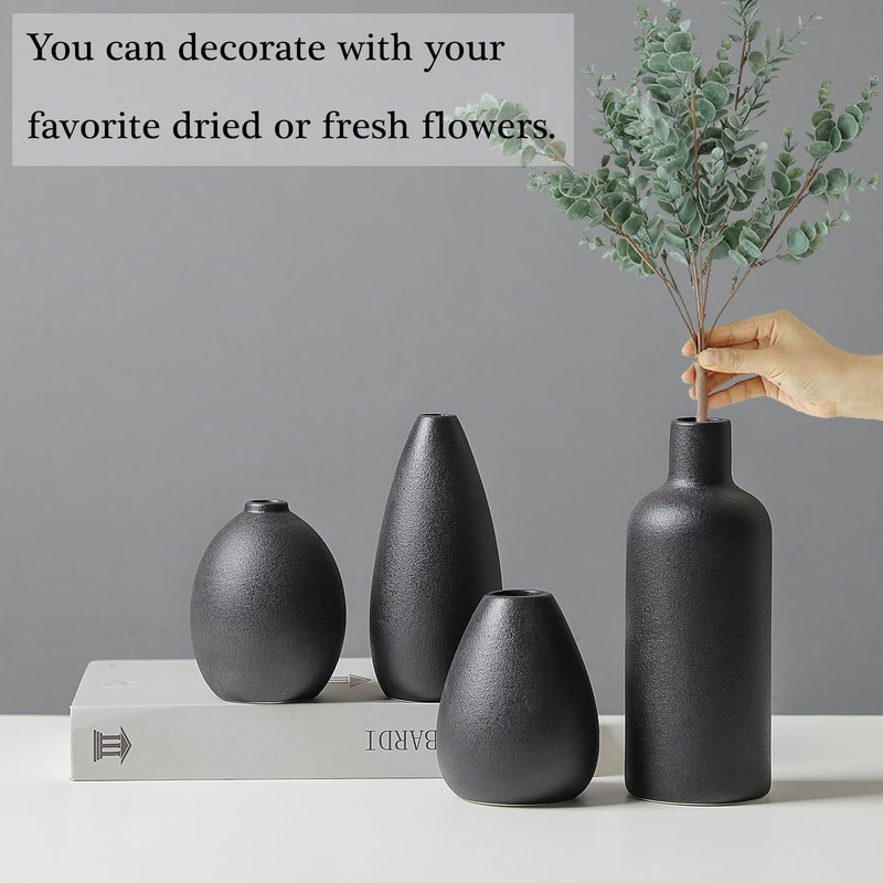 CEMABT مجموعة مزهرية Cemabt Black Ceramic - 4 مزهريات صغيرة للزهور مزهريات زهرة فريدة من نوعها للمزهريات المركزية المزخرفة الحديثة لمدخلات ديكور المنزل رف الكتب (الأسود) - Image 4