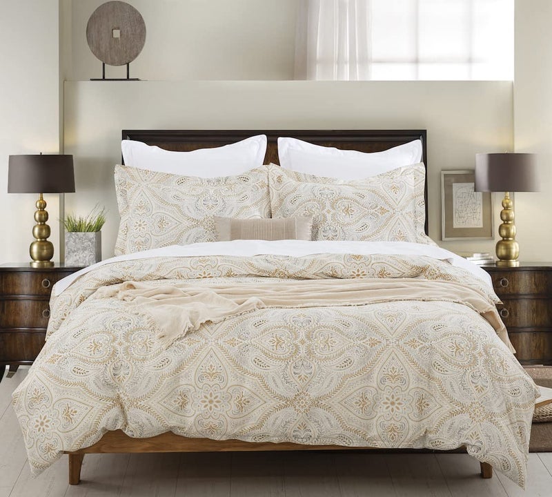 DAUAOTO Duvet Cover California King Size Set  104X96 Cover  2 Shams Cotton Bedding Set Gold Gray Pattern Yellow Grey