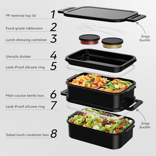 Jelife Adult Bento Box Lunch Box - Large Style Stackable Bento Lunch Box for Adults, 72oz All-in-One 3 Layers Bento Boxes Leak-Proof Lunchbox with Utensil Sauce Containers for Dining Out,Work, Black - Image 3