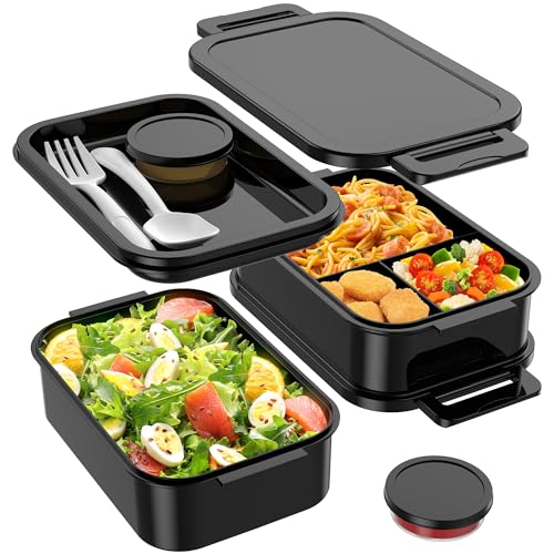 Jelife Adult Bento Box Lunch Box - Large Style Stackable Bento Lunch Box for Adults, 72oz All-in-One 3 Layers Bento Boxes Leak-Proof Lunchbox with Utensil Sauce Containers for Dining Out,Work, Black - Image 1