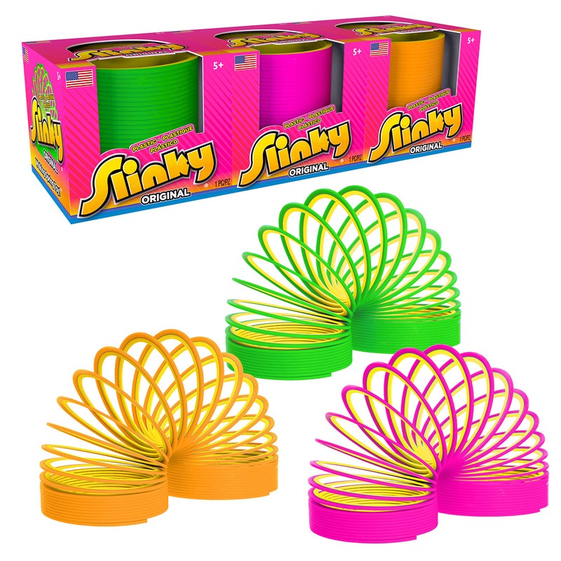 Slinky the Original Walking Spring Toy, Plastic Slinky 3-Pack, Multi-color Neon Spring Toys, Kids Toys for Ages 5 Up by Just Play - Image 1