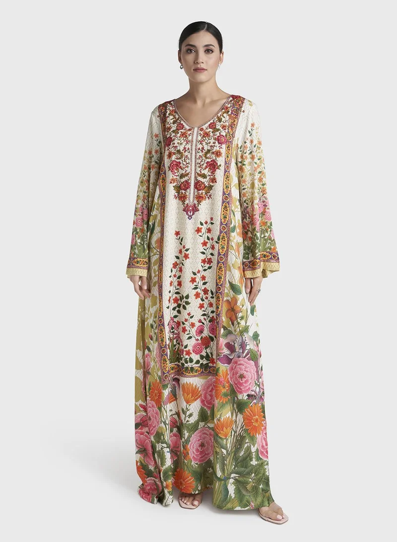 كشخة Multicolour Floral Print Stone Work Rayon Jalabiya (VDC107)