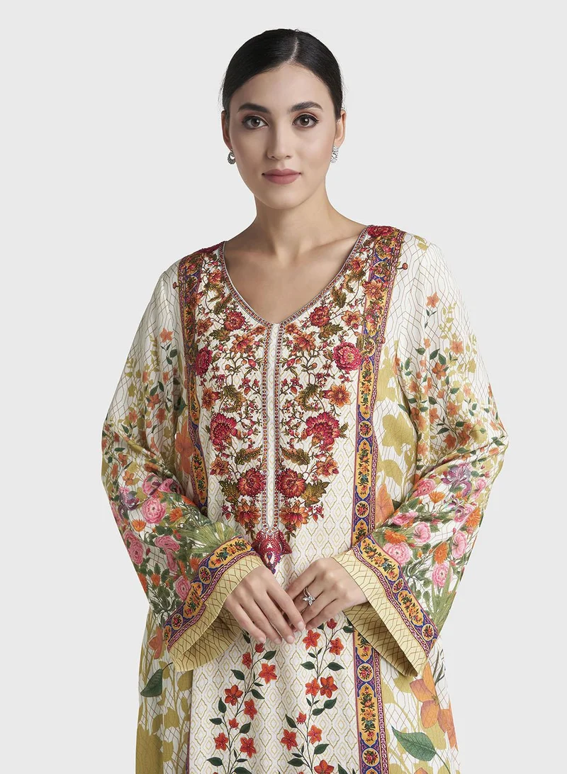 كشخة Multicolour Floral Print Stone Work Rayon Jalabiya (VDC107)