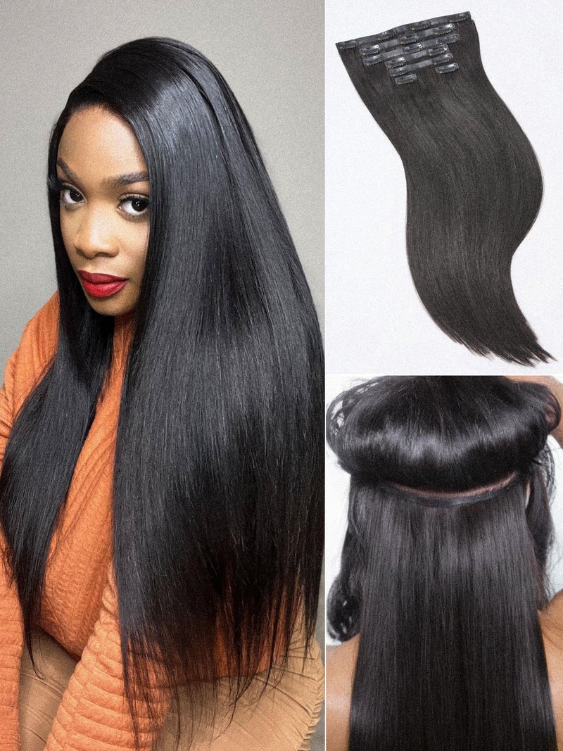 LUVME Yaki Straight Seamless Clip in Hair Extensions 2 Pack 220g, 16 Inch Natural Black, 100% Real Remy Human Hair, Soft Full Volume, Easy Clip Ins for Daily Wear, Work, Parties & Weddings - Image 1