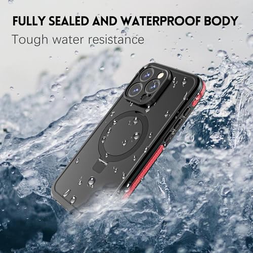 Omio for iPhone 15 Pro Max Waterproof Case with Stand Compatible with MagSafe Full Body Magnetic IP68 Underwater Case Builtin Screen Protector Military Grade Shockproof Case for Men Women Red - Image 3