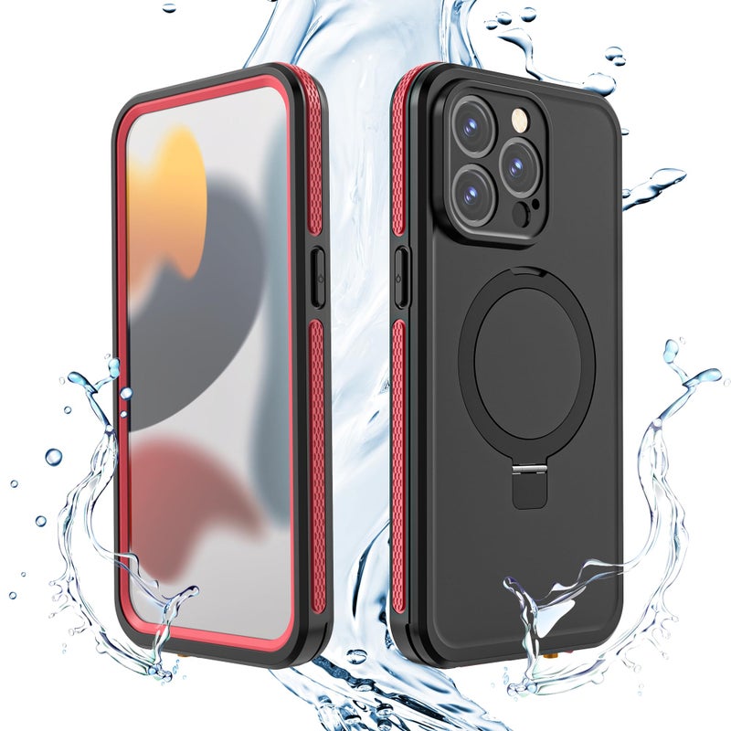 Omio for iPhone 15 Pro Max Waterproof Case with Stand Compatible with MagSafe Full Body Magnetic IP68 Underwater Case Builtin Screen Protector Military Grade Shockproof Case for Men Women Red - Image 2