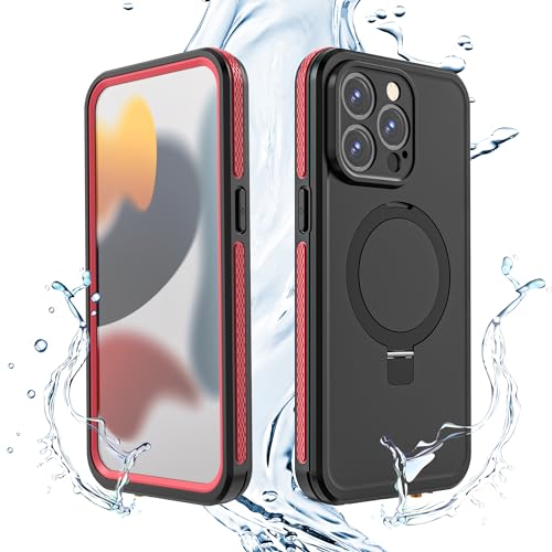 Omio for iPhone 15 Pro Max Waterproof Case with Stand Compatible with MagSafe Full Body Magnetic IP68 Underwater Case Builtin Screen Protector Military Grade Shockproof Case for Men Women Red - Image 1