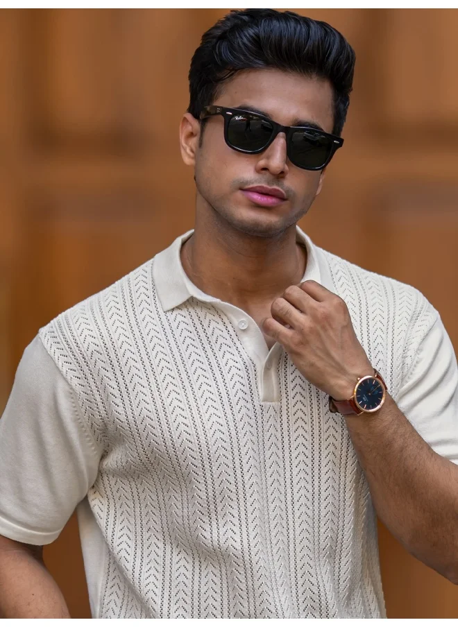 مانياك Maniac Mens Arrow Textured HalfWhite Polo Neck Half Sleeve Cotton Tshirt