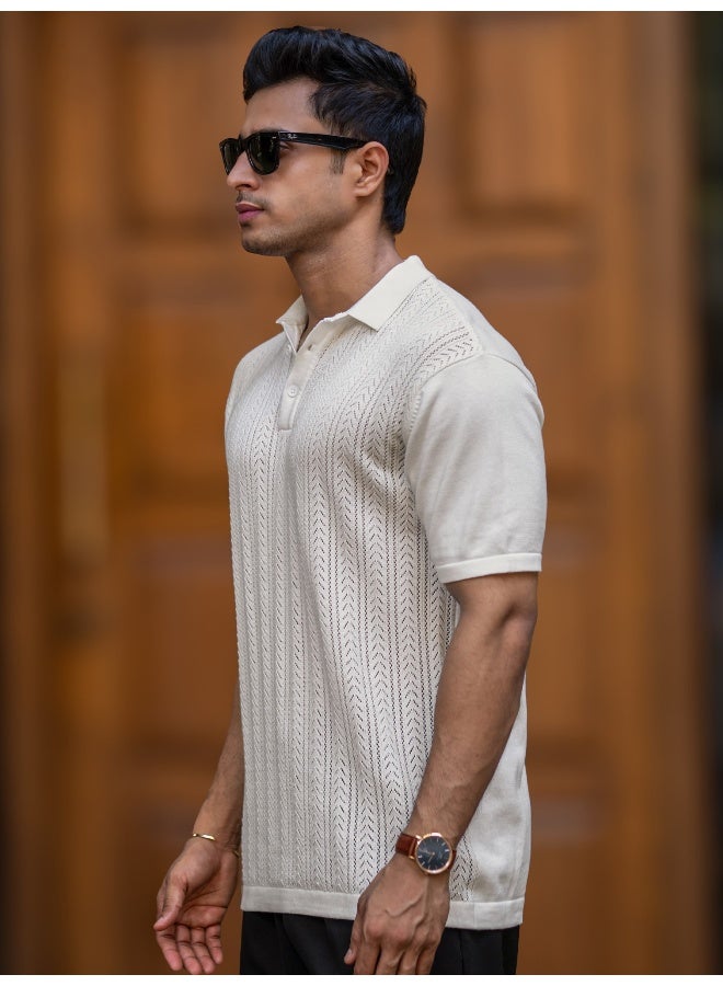 Maniac Maniac Mens Arrow Textured HalfWhite Polo Neck Half Sleeve Cotton Tshirt  - Image 4