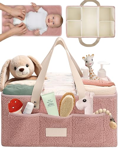 Toodly Baby Diaper Caddy Organizer with Portable Changing Mat Teddy Fleece Diaper Organizer for Changing Table Basket for Changing Essentials Baby Essentials Organizer with Removable Dividers - Image 1