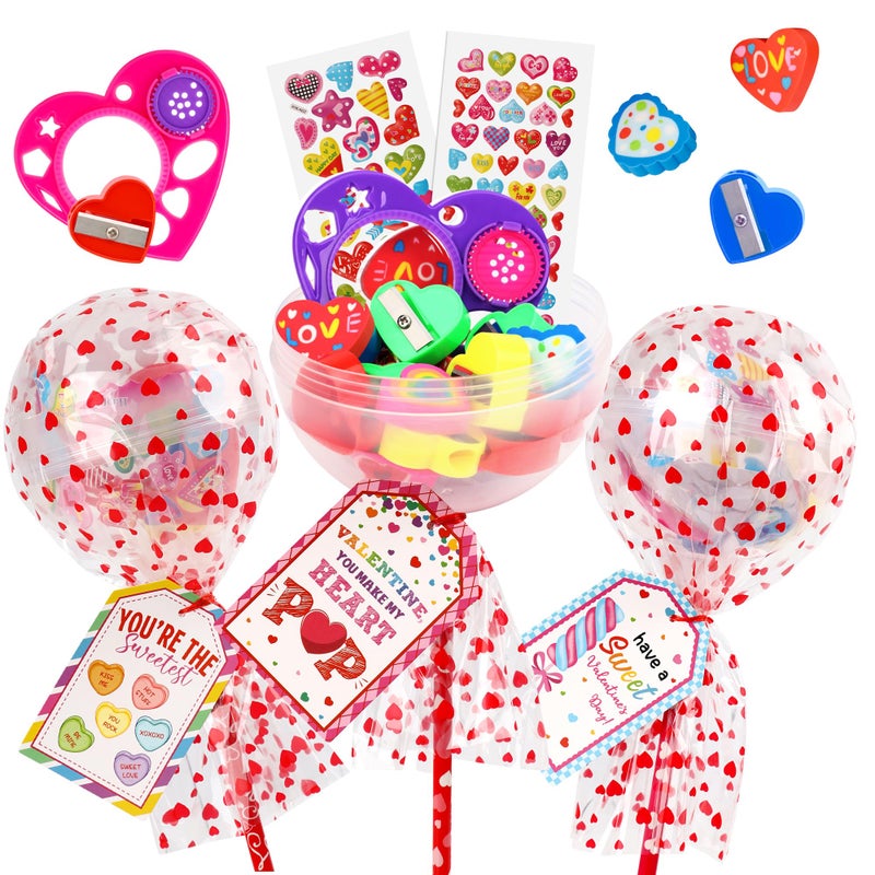 POPGIFTU 28 Pack Valentines Day Gifts for Kids Classroom Giant Lollipop Stationery Sets with Valentine Cards Pencils Erasers Stickers Rulers Sharpeners Cute NonCandy School Exchange Party Favors - Image 3