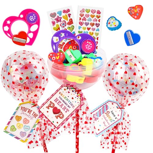POPGIFTU 28 Pack Valentines Day Gifts for Kids Classroom Giant Lollipop Stationery Sets with Valentine Cards Pencils Erasers Stickers Rulers Sharpeners Cute NonCandy School Exchange Party Favors - Image 1