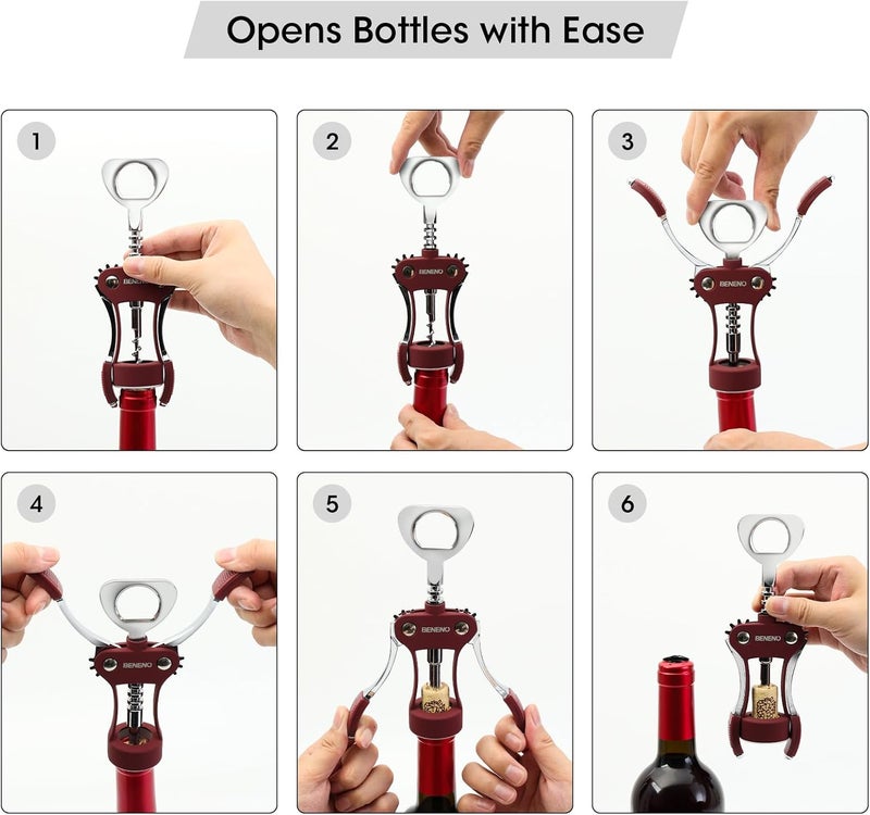 Beneno Wine Opener, Zinc Alloy Premium Wing Corkscrew with Multifunctional Bottles Opener, Sharp Wine Corkscrew with Ergonomic Non-Slip Wing Handle, Purple - Image 4