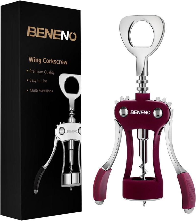 Beneno Wine Opener, Zinc Alloy Premium Wing Corkscrew with Multifunctional Bottles Opener, Sharp Wine Corkscrew with Ergonomic Non-Slip Wing Handle, Purple - Image 1