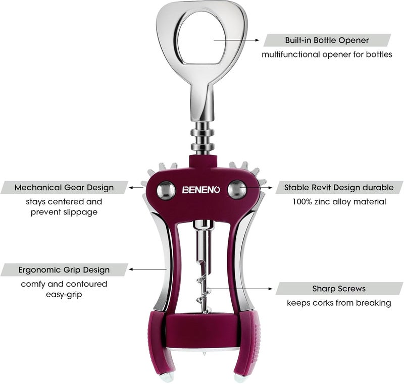Beneno Wine Opener, Zinc Alloy Premium Wing Corkscrew with Multifunctional Bottles Opener, Sharp Wine Corkscrew with Ergonomic Non-Slip Wing Handle, Purple - Image 3