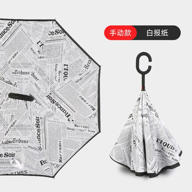 Hands-Free C-Handle Standable Reverse Umbrella White newspaper hand opening 