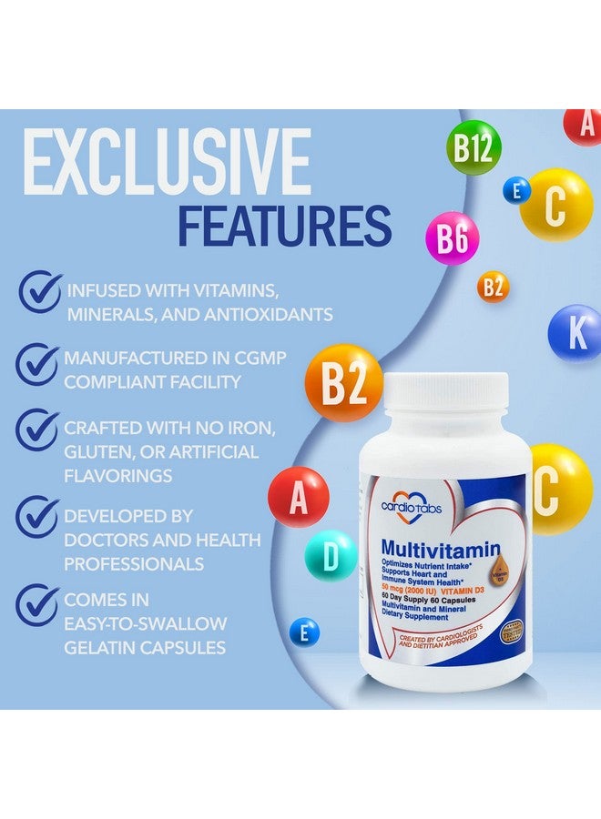 Cardiotabs Multivitamin - Heart and Immunity Supplements For Men & Women, Multivitamin for Men & Women, with Minerals B-Vitamin Complex, Vitamins A, C, E, K and 2000 IU Vitamin D3, 60-Count Bottle - Image 3