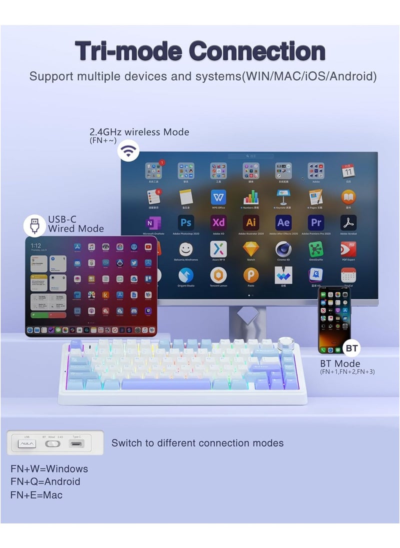 AULA F75 75% Wireless Mechanical Keyboard,Gasket Hot Swappable Custom Keyboard,Pre-lubed Linear Switches RGB Backlit Gaming Keyboard,2.4GHz/Type-C/BT5.0 Mechanical Keyboard(Star Vector Switch - White&Blue&Purple) - pzsku/ZA2C3C330E40B0B76C92EZ/45/_/1733042481/88c091ba-12e4-4a8d-aa64-69c0e6442646