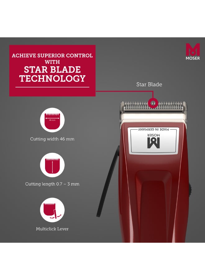 MOSER 1400 Cordless Professional Hair Clipper For Men (Made In Germany) | High-Grade Stainless Steel Blade Set | Multiclick Adjustment | 3-Hour Battery Life And Fast Charging (1430-0050) Burgundy - Image 4