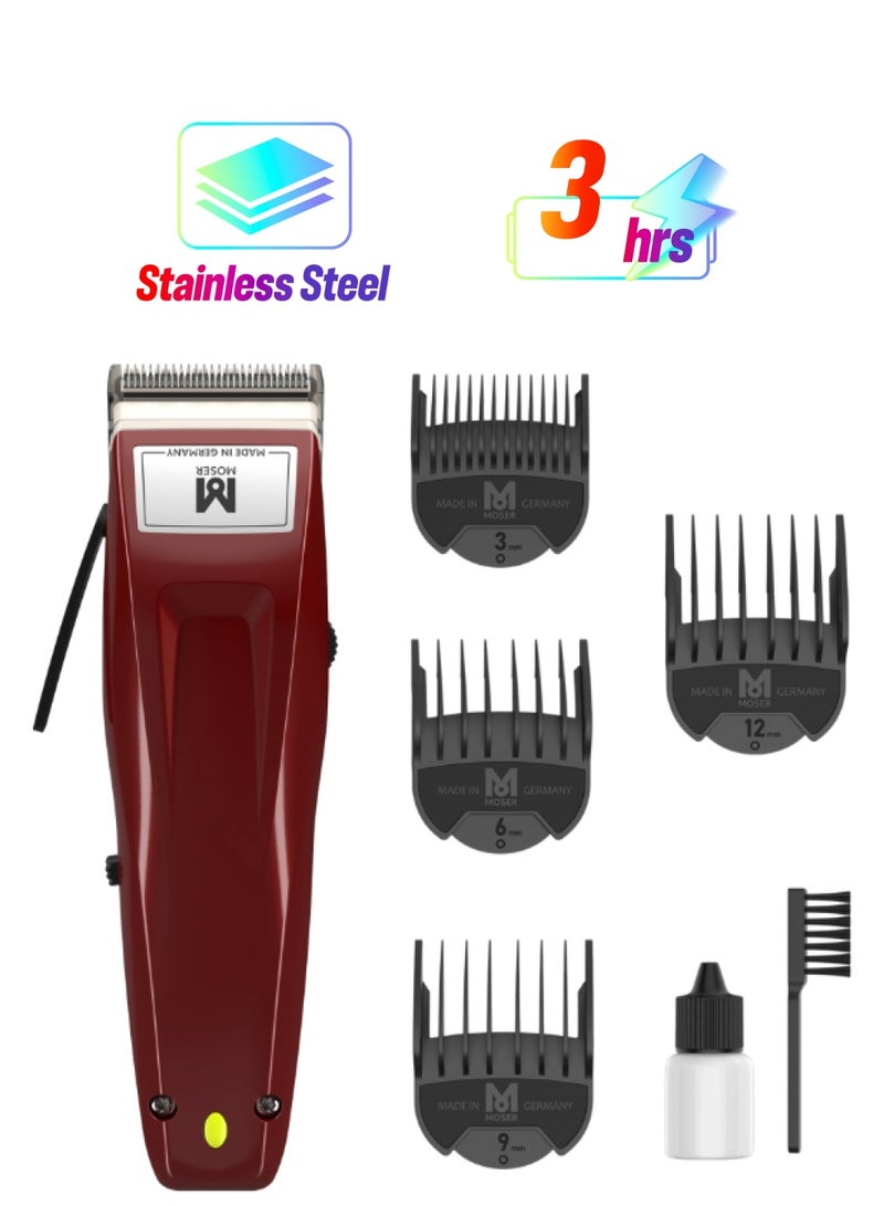 MOSER 1400 Cordless Professional Hair Clipper For Men (Made In Germany) | High-Grade Stainless Steel Blade Set | Multiclick Adjustment | 3-Hour Battery Life And Fast Charging (1430-0050) Burgundy - Image 1