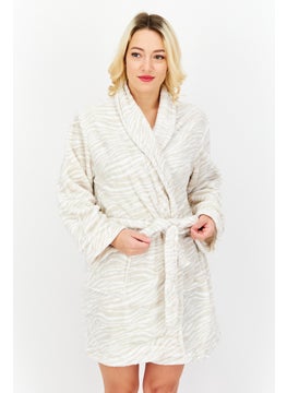 Isaac Mizrahi Women Belted Bath Robe, White Combo  - Image 1