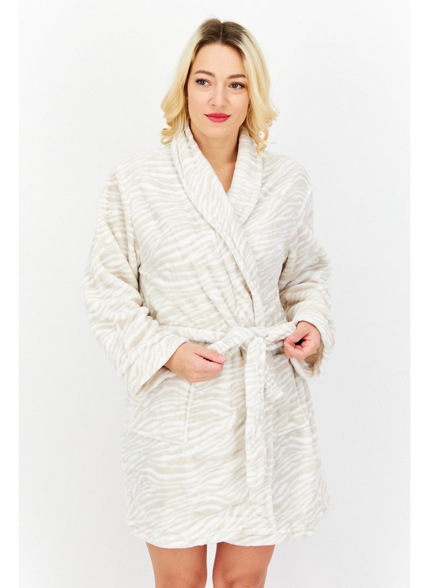 Isaac Mizrahi Women Belted Bath Robe, White Combo  - Image 1