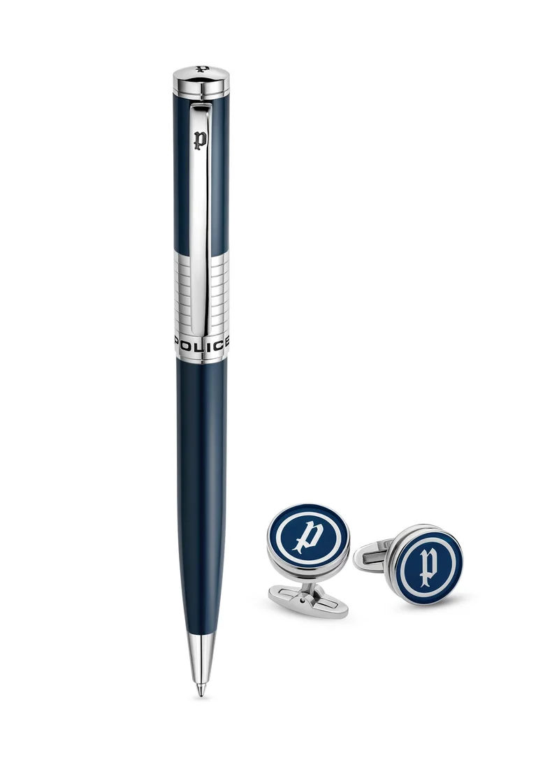 بوليس Saturn Silver Blue Stainless Steel Pen Cufflinks Gift Set for Men