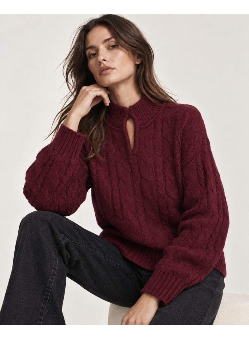 MAVENZI Women's Cable Knit Mock Neck Sweater with Front Slit - Burgundy - Image 3