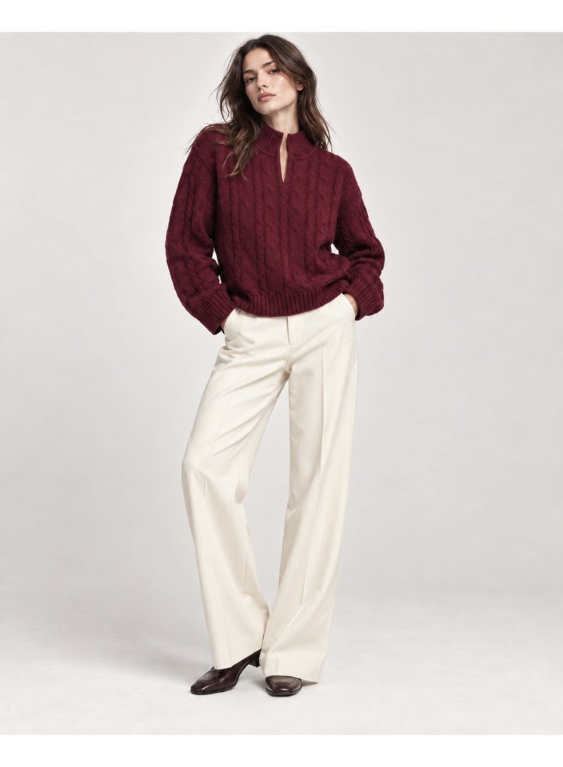MAVENZI Women's Cable Knit Mock Neck Sweater with Front Slit - Burgundy - Image 1