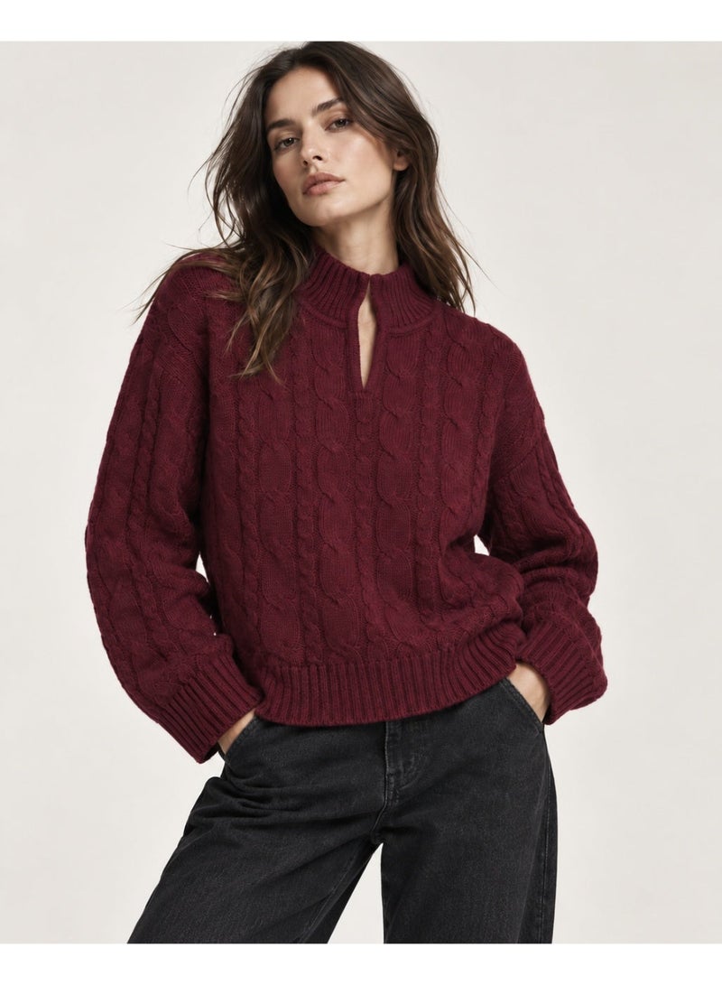 MAVENZI Women's Cable Knit Mock Neck Sweater with Front Slit - Burgundy - Image 2