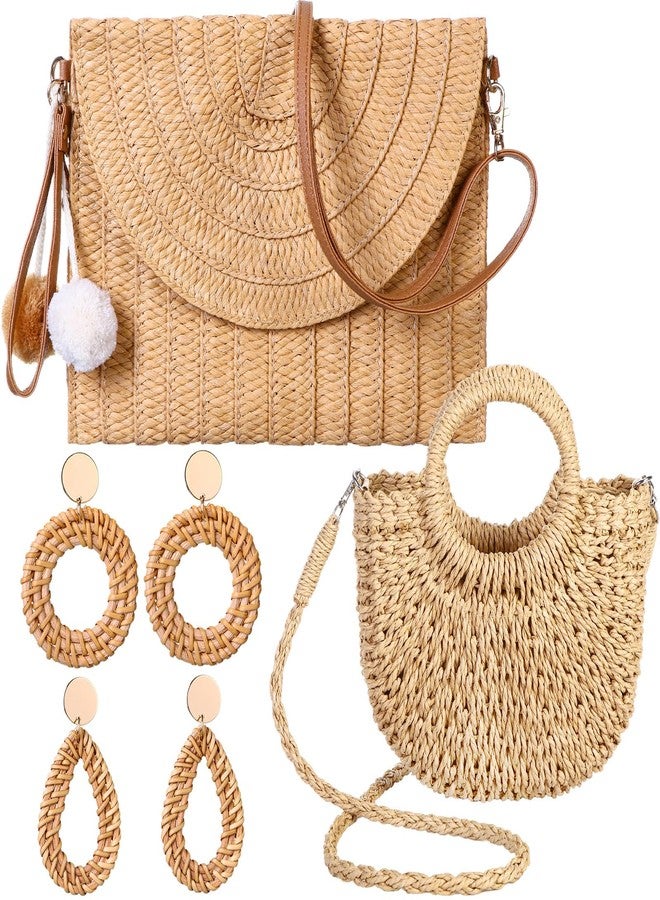 JaGely 2 Pack Women Straw Crossbody Bag Straw Clutch Rattan Purse for Women with 2 Pairs Rattan Earrings for Summer Beach Holiday Accessories - Image 1