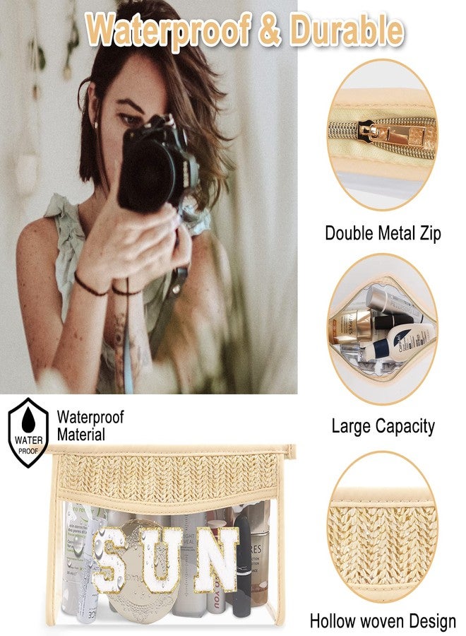 حقيبة مكياج شفافة من إيكيموت، حقيبة حروف بوهيمية أنيقة للسباحة على الشاطئ، حقيبة مكياج مقاومة للماء بسحاب، حقيبة أدوات تجميل للنساء والفتيات، حقيبة تنظيم شفافة للسفر (لون الشمس، بيج) - Image 3