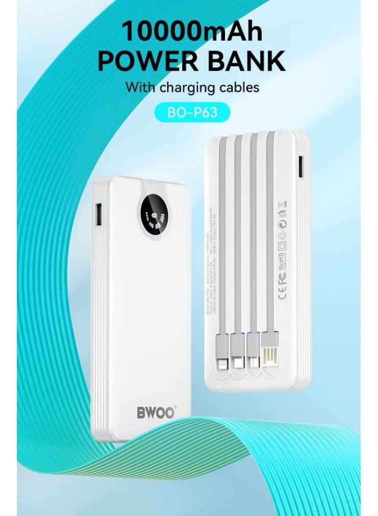 بوو بنك الطاقة BO-P63 (10000) مللي أمبير في الساعة مع شاشة LED، نحيف وخفيف الوزن، بطارية عالية السعة 10000 مللي أمبير في الساعة، شاشة طاقة LED، نمط شحن ذكي وآمن، مع أربعة كابلات شحن قابلة للإزالة متعددة الوظائف مدمجة، شحن سريع لأجهزة متعددة في وقت واحد - Image 3