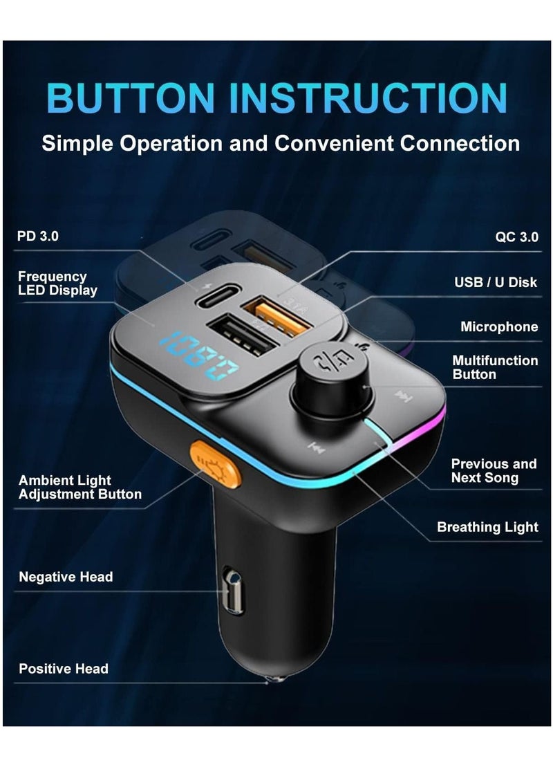 Bluetooth Car Adapter FM Bluetooth Transmitter Car Radio Car Bluetooth Transmitter PD QC Quick Charge 8 RGB LED 3 USB Ports Handsfree Calls Bluetooth 5.0 Supports TF Card and U-Disk