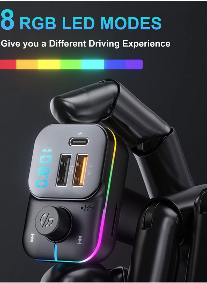 Bluetooth Car Adapter FM Bluetooth Transmitter Car Radio Car Bluetooth Transmitter PD QC Quick Charge 8 RGB LED 3 USB Ports Handsfree Calls Bluetooth 5.0 Supports TF Card and U-Disk
