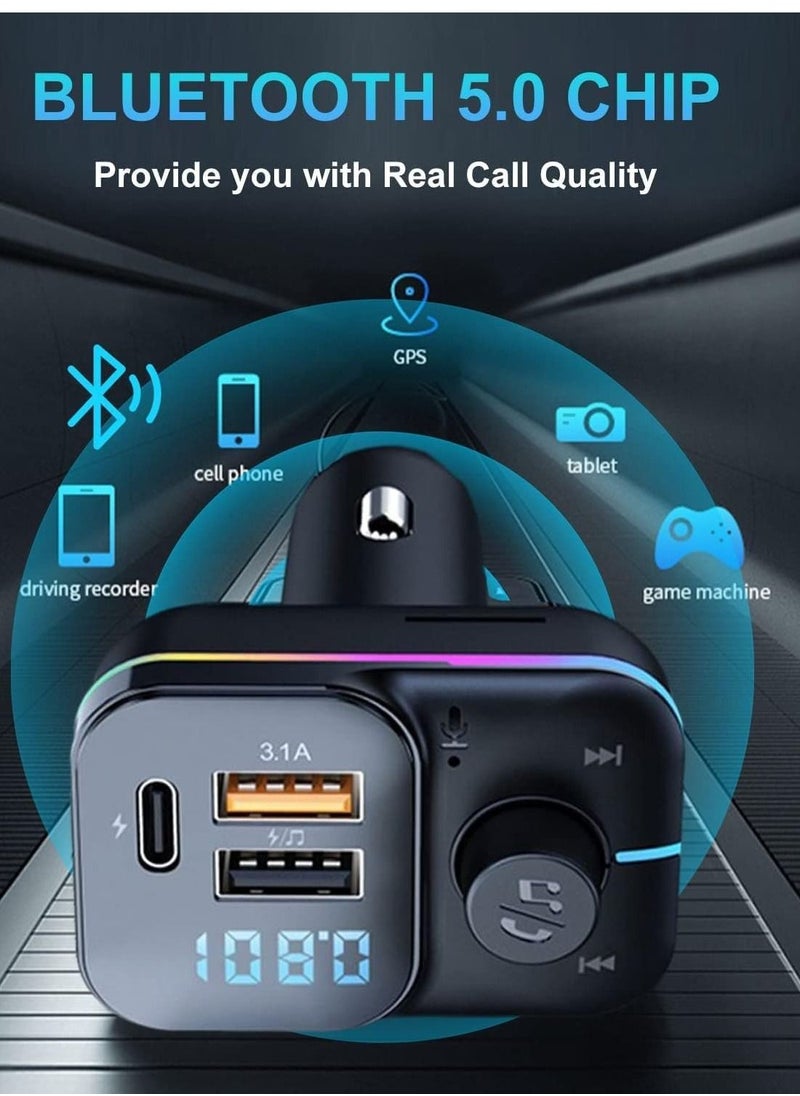 Bluetooth Car Adapter FM Bluetooth Transmitter Car Radio Car Bluetooth Transmitter PD QC Quick Charge 8 RGB LED 3 USB Ports Handsfree Calls Bluetooth 5.0 Supports TF Card and U-Disk