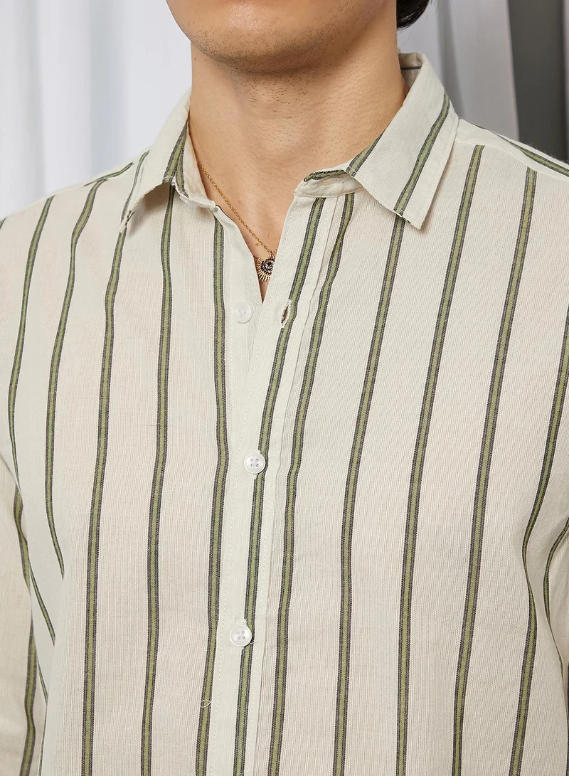 Campus Sutra Men's Saltbox Beige & Sage Green Lined Halo-Striped Shirt