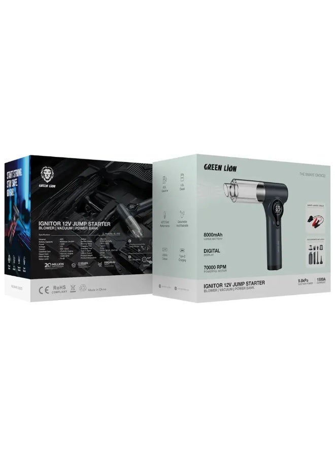 Green Lion Ignitor 12V Jump Starter with Blower, Vacuum Cleaner & Power Bank Functions, 8000mAh, 140W Power, 70000RPM Range, Detachable & Washable Nozzles, Digital Display - Dark Grey - Image 2