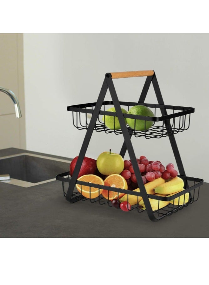 2-Tier Fruit Basket Rack, High Capacity Countertop Fruit Basket with Wood Handle, Detachable Fruit Storage Basket for Home Kitchen Bathroom Office, Black - Image 2