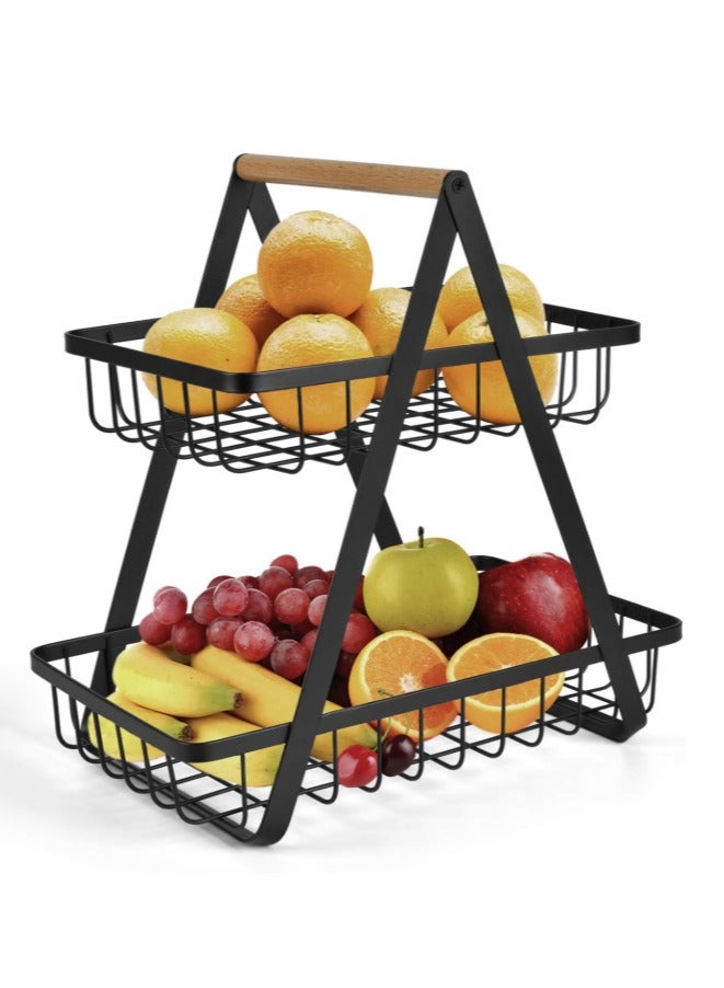 2-Tier Fruit Basket Rack, High Capacity Countertop Fruit Basket with Wood Handle, Detachable Fruit Storage Basket for Home Kitchen Bathroom Office, Black - Image 1