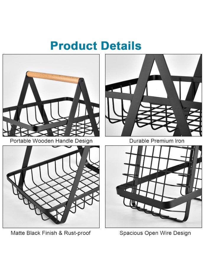 2-Tier Fruit Basket Rack, High Capacity Countertop Fruit Basket with Wood Handle, Detachable Fruit Storage Basket for Home Kitchen Bathroom Office, Black - pzsku/ZA2C4689E7223702559D6Z/45/_/1732261718/5680a958-7a94-427b-9327-5e302c2508c1