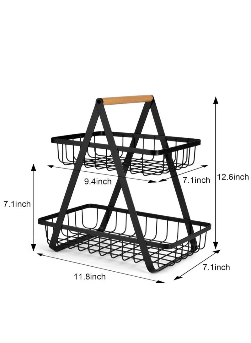 2-Tier Fruit Basket Rack, High Capacity Countertop Fruit Basket with Wood Handle, Detachable Fruit Storage Basket for Home Kitchen Bathroom Office, Black - Image 4