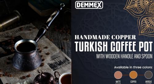 DEMMEX 15 oz Large Copper Turkish Coffee Pot Cezve Ibrik Greek Coffee Briki Stovetop Coffee Maker with Wooden Handle Spoon 1mm Thick Copper Handmade Engraved in TURKEY 6 Servings - Image 3
