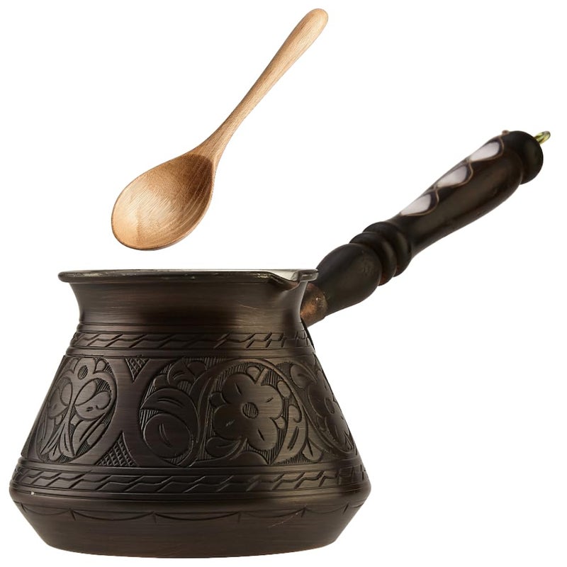 DEMMEX 15 oz Large Copper Turkish Coffee Pot Cezve Ibrik Greek Coffee Briki Stovetop Coffee Maker with Wooden Handle Spoon 1mm Thick Copper Handmade Engraved in TURKEY 6 Servings - Image 2